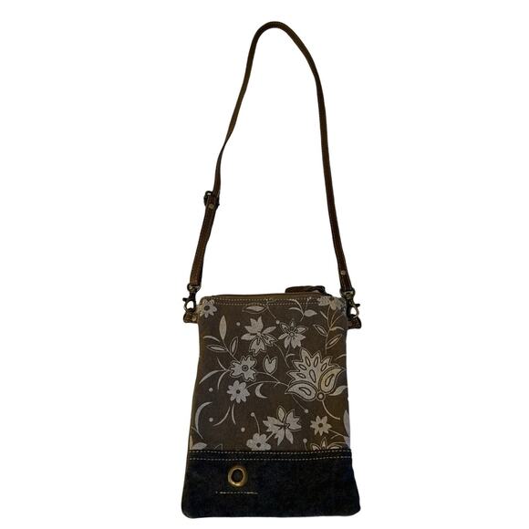 Myra Bag Crossbody Purse Brown Floral Canvas Zip Close Pocket Adjustable Strap - Picture 1 of 10